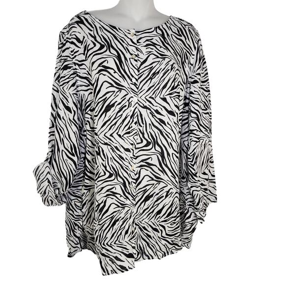 Cynthia Rowley Womens Top 2X 100% Linen Zebra Print Button Long Roll Tab Sleeve - Picture 1 of 7